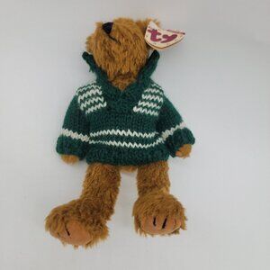 TY Mason Teddy Bear Plush Dark Brown Jointed 8" Green‎ Sweater NWT